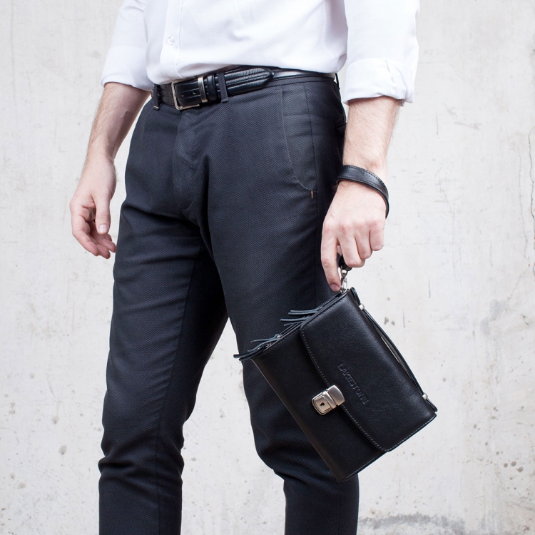 Мужская барсетка кожаная с короткой ручкой Evans Black