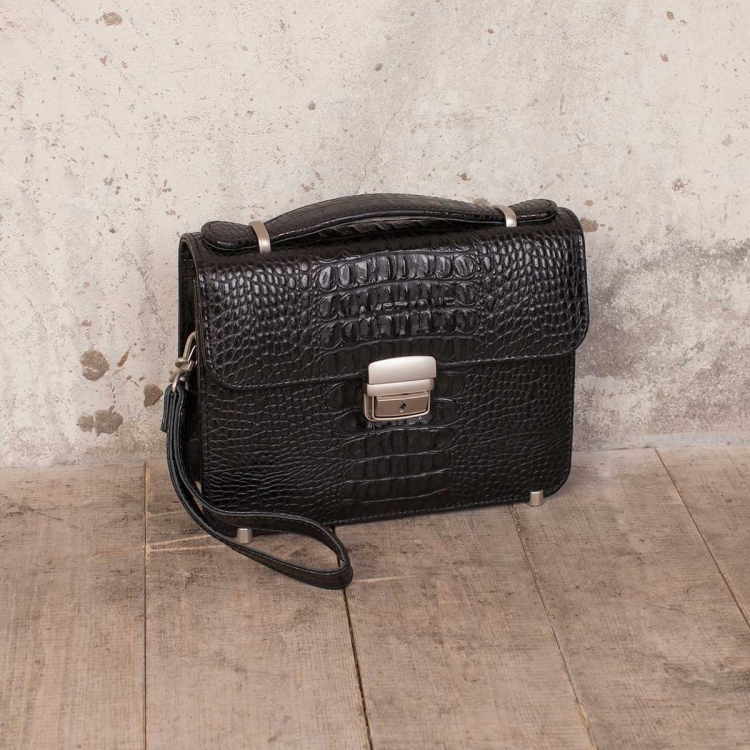 Барсетка мужская из кожи под рептилию Foxcote Black Caiman